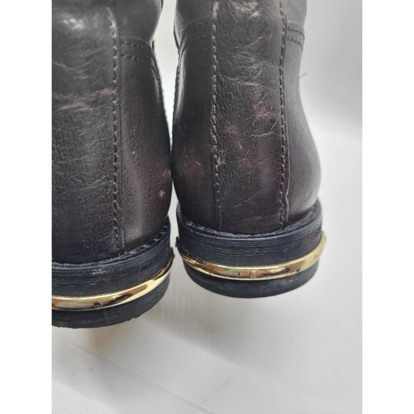Tory Burch Elyse Dark Brown Leather Mid Calf Boots Gold Zipper Heel Accent - Picture 6 of 10